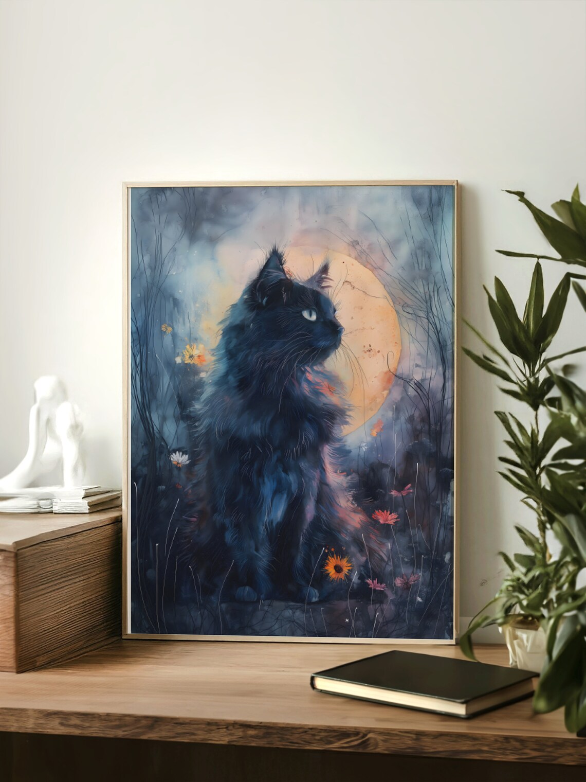 Black Cat Silhouette Orange Full Moon Wildflowers Night Watercolor Poster - Image 3