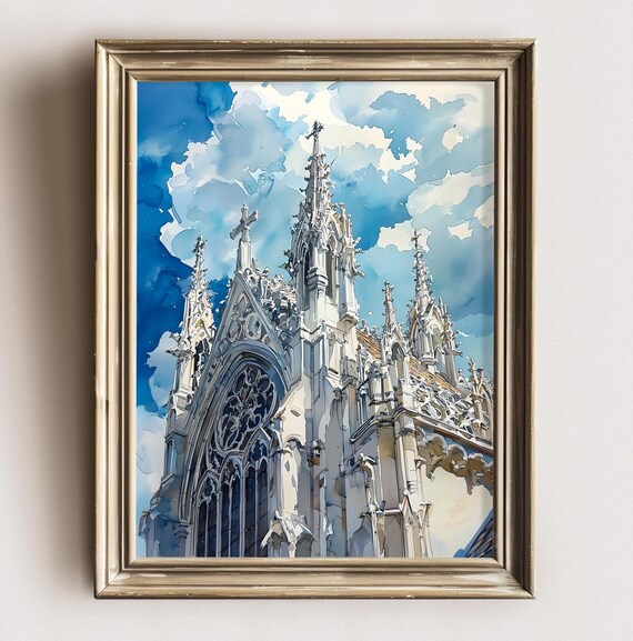 White Gothic Cathedral Arched Window Watercolor Blue Cloudy Sky Poster