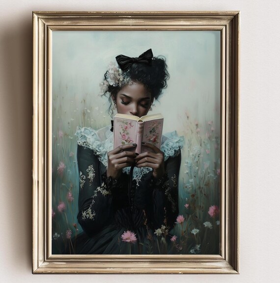 Black Woman Reading Pink Book Wildflower Meadow Victorian Dress Bookish Art Print