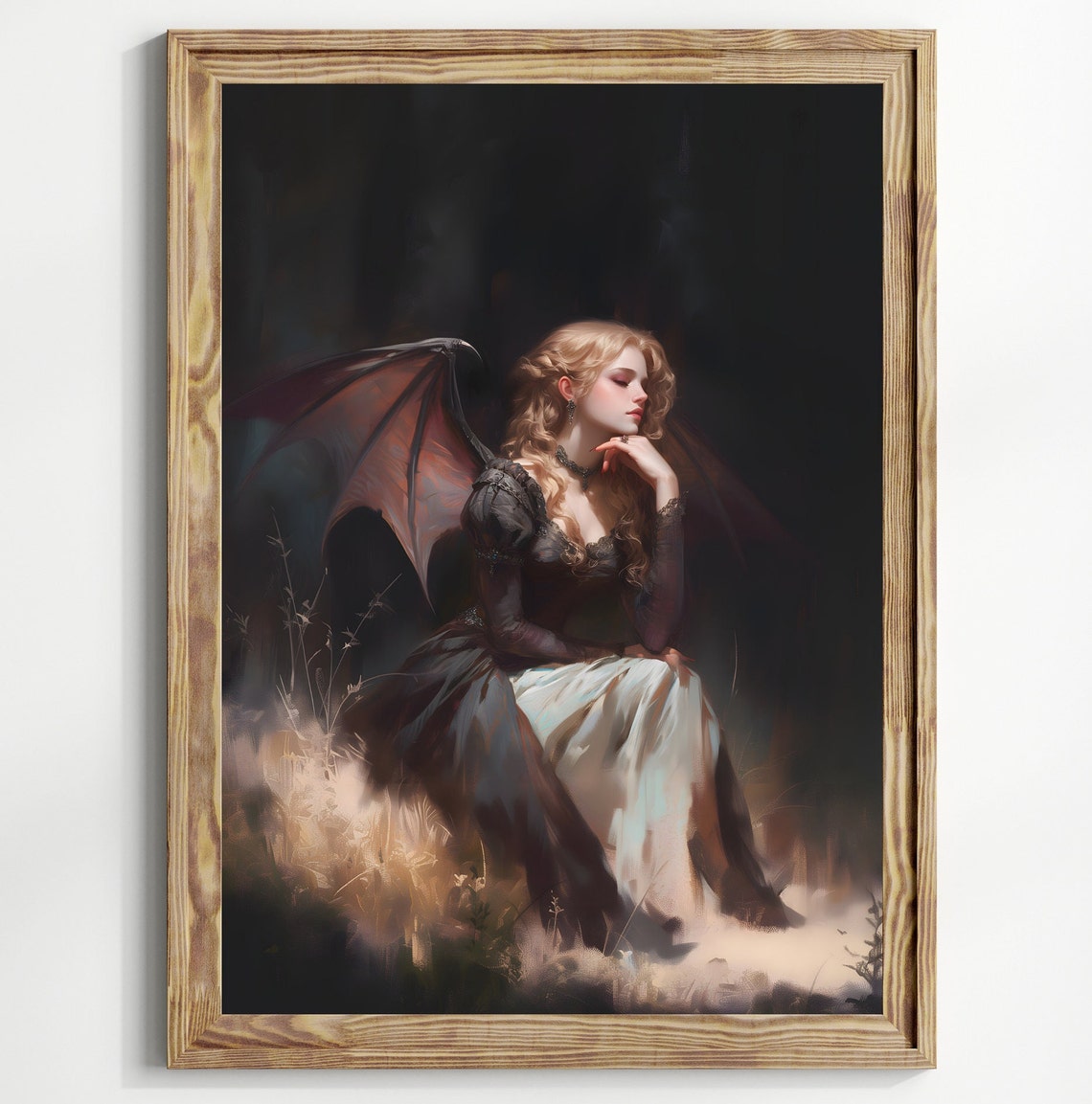 Blond Succubus Bat Wings Black Dress Moonlit Gothic Oil Painting Print - Image 5