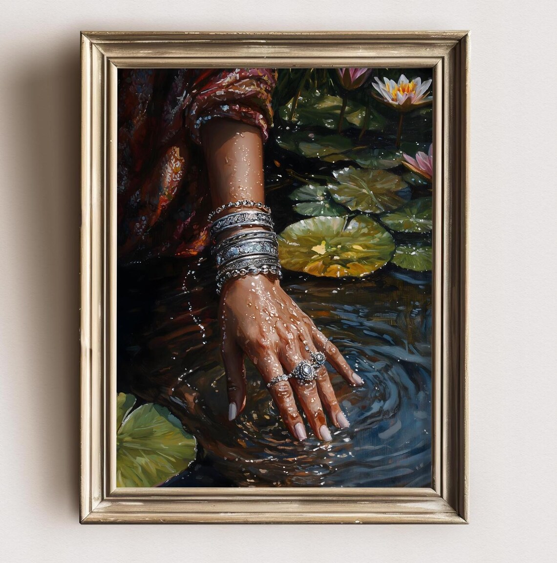 Jeweled Hand Touching Water In Lily Pond Ophelia Inspired Close Up Art Poster - Image 3