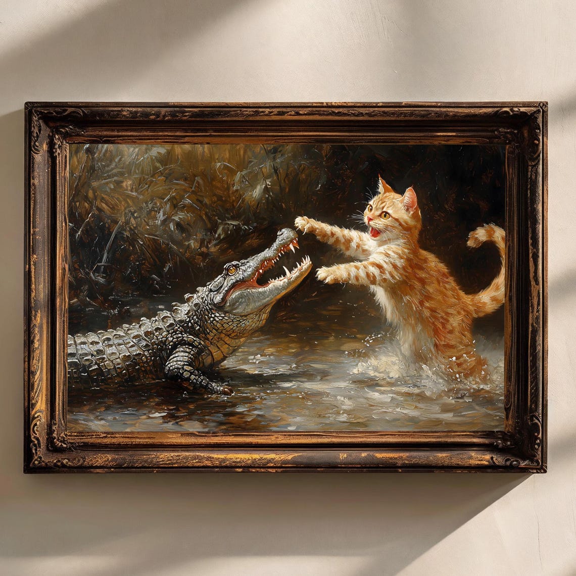 Orange Tabby Kitten Facing Crocodile Funny Vintage Painting Art Poster