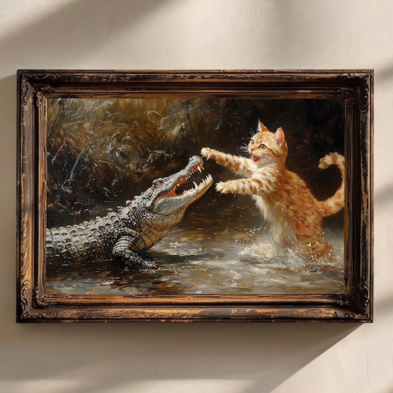 Orange Tabby Kitten Facing Crocodile Funny Vintage Painting Art Poster