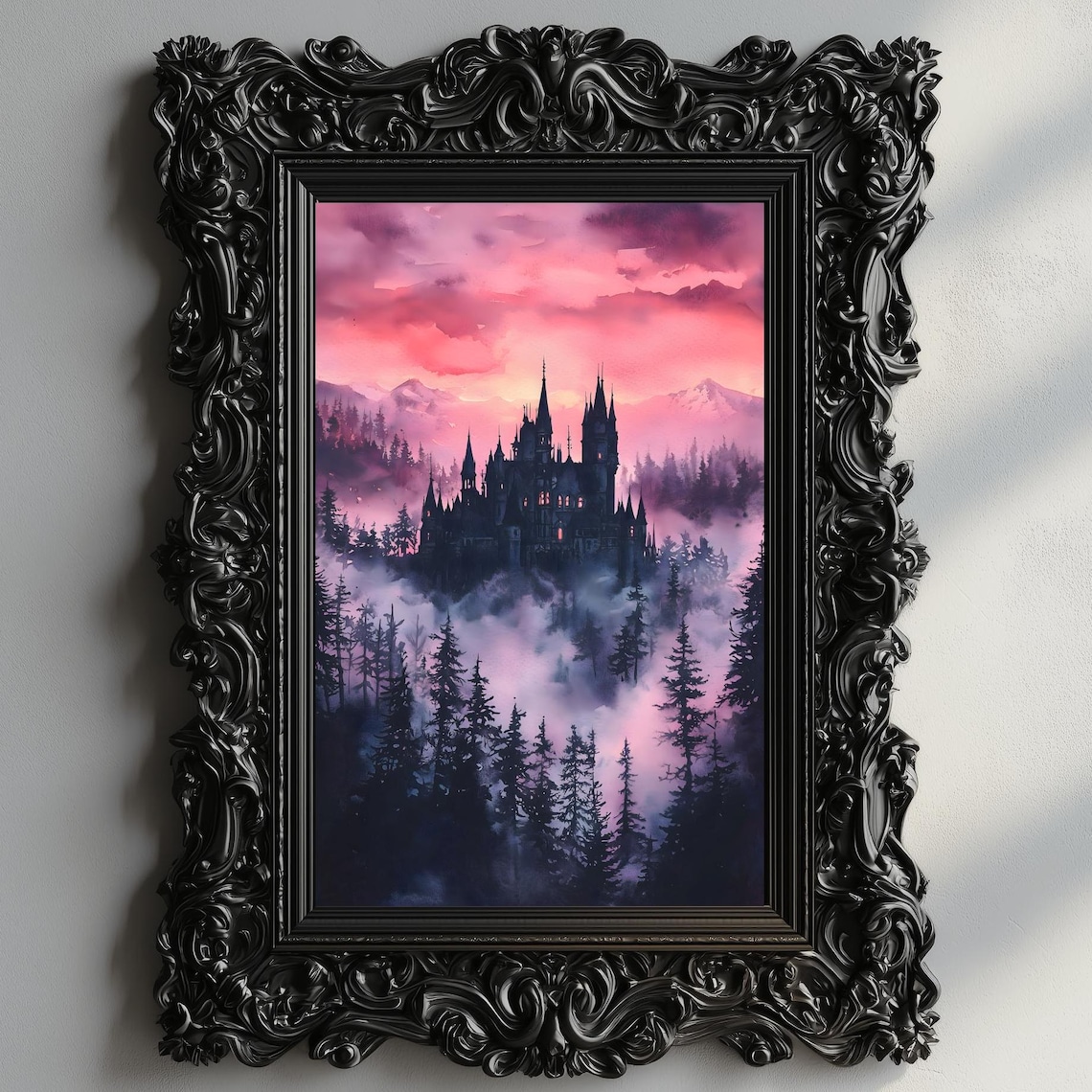 Dark Castle Misty Mountain Pines Pink Sunset Sky Fantasy Watercolor Poster