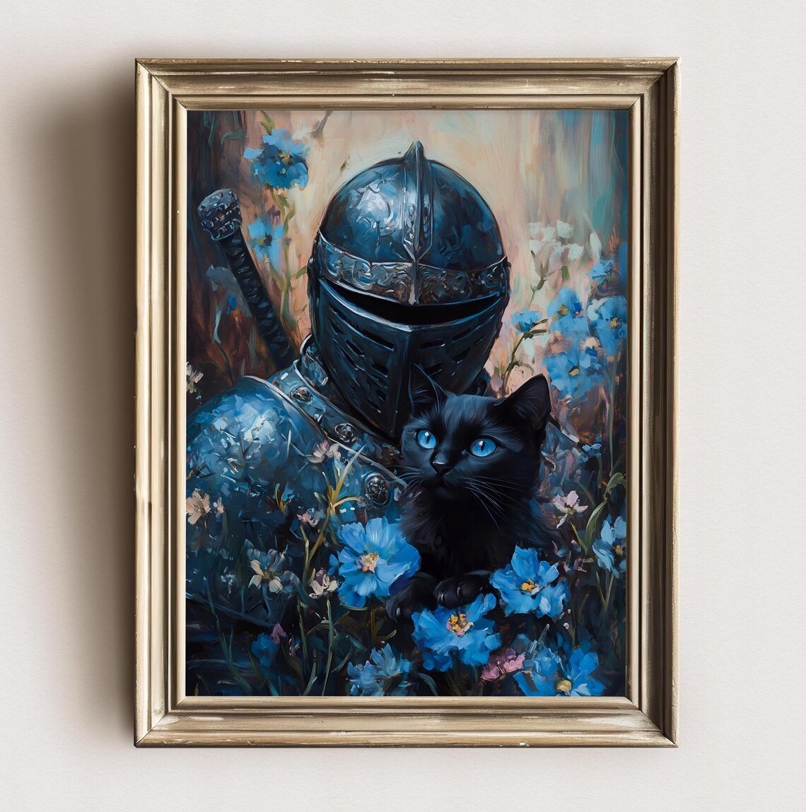 Blue Knight In Armor With Black Cat Blue Flowers Knightcore Fantasy Poster
