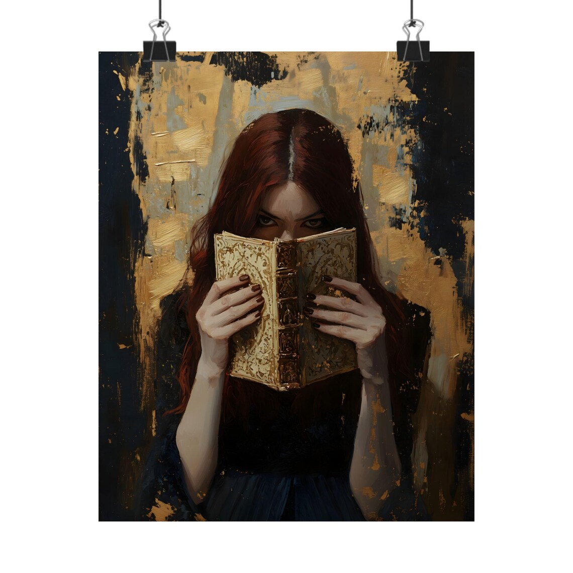 Red Haired Woman Hiding Behind Antique Book Gold Black Bookish Art Poster - Image 2