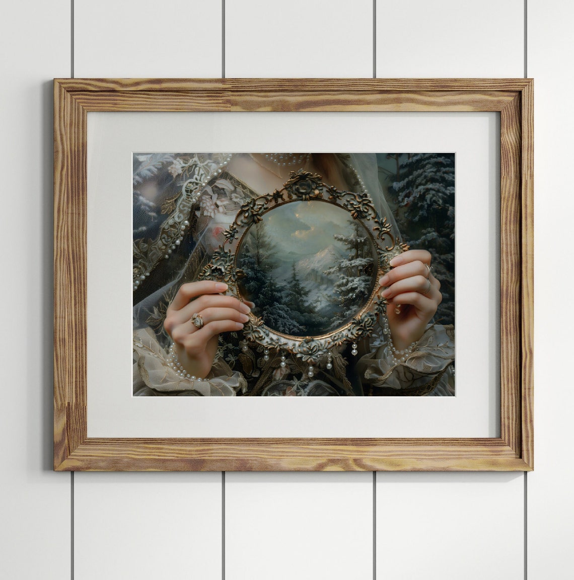 Woman Holding Ornate Mirror Showing Snowy Mountain Forest Art Poster - Image 2