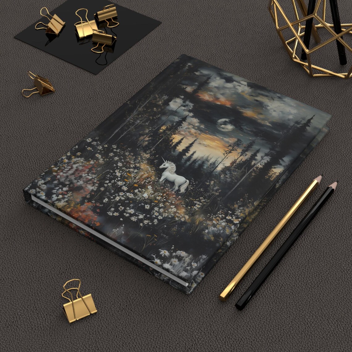 Unicorn Moonlit Dark Forest Wildflowers Fantasy Journal Cover Art Print - Image 5