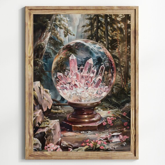 Crystal Ball With Pink Quartz Crystals in Mystical Forest Art Print