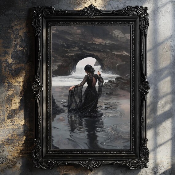 Woman Black Lace Gown Sea Cave Waterfall Dark Moody Ocean Painting Poster