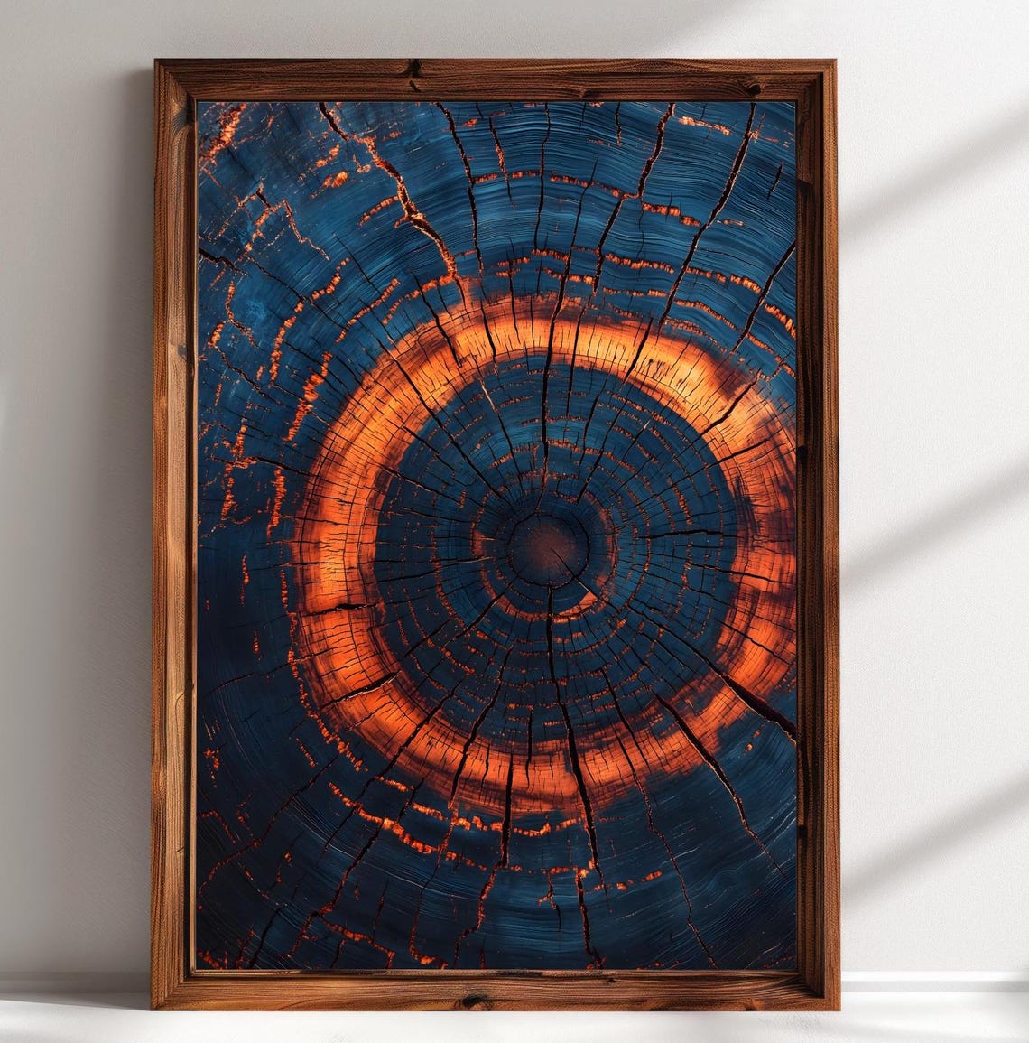Tree Ring Cross Section Abstract Dark Blue Orange Wood Art Poster - Image 2