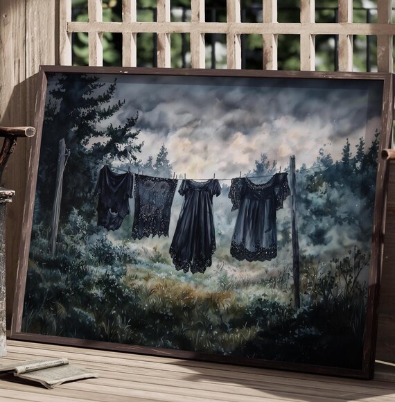 Dark Gothic Dresses On Clothesline In Misty Forest Meadow Watercolor Wall Art Poster