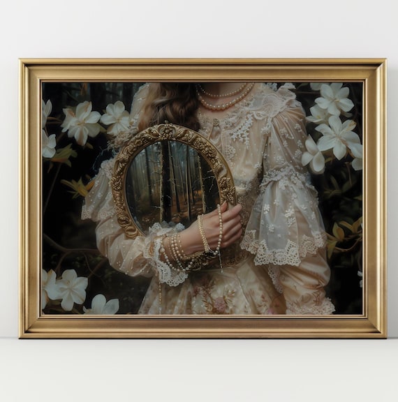 Victorian Woman Lace Pearls Ornate Mirror Dark Moody Floral Art Print