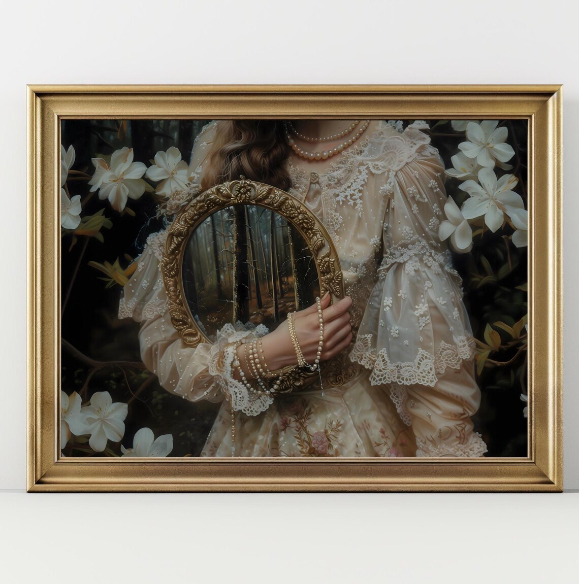 Victorian Woman Lace Pearls Ornate Mirror Dark Moody Floral Art Print