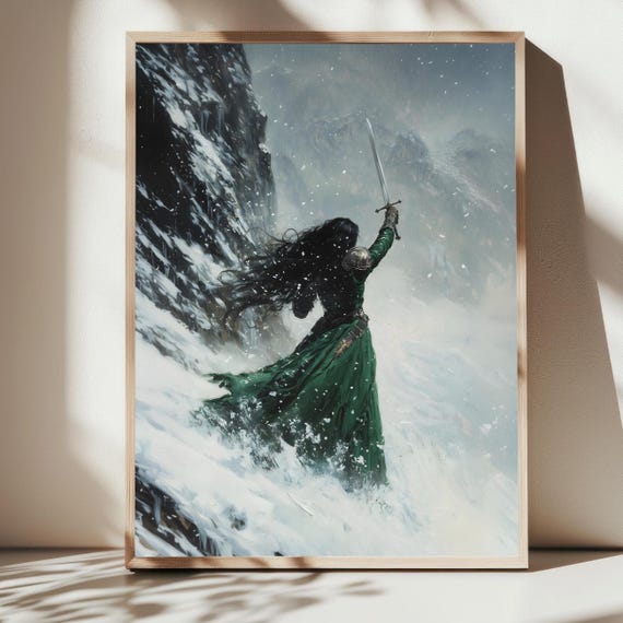 Female Knight Victorian Decor Dark Academia Print Snow Goth Moody Victorian Wall Art Dark Decor Aesthetic Woman With Sword Print