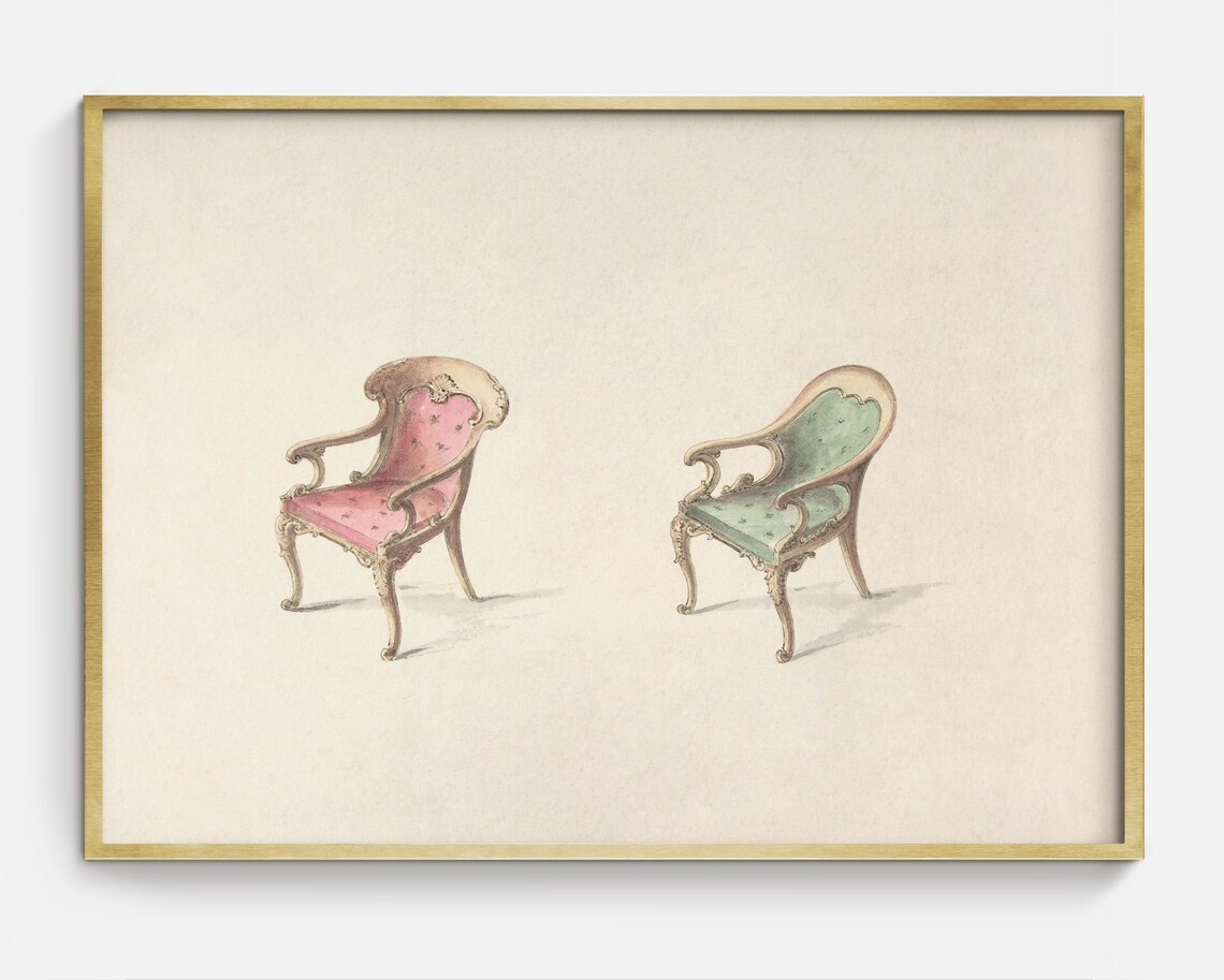 Pair Of Antique Armchairs Pink Green Watercolor Drawing Art Poster - Image 2