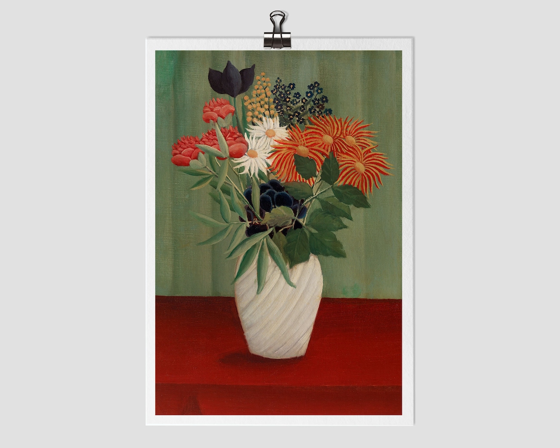 Vibrant Naive Folk Art Flower Bouquet White Vase Red Table Art Poster