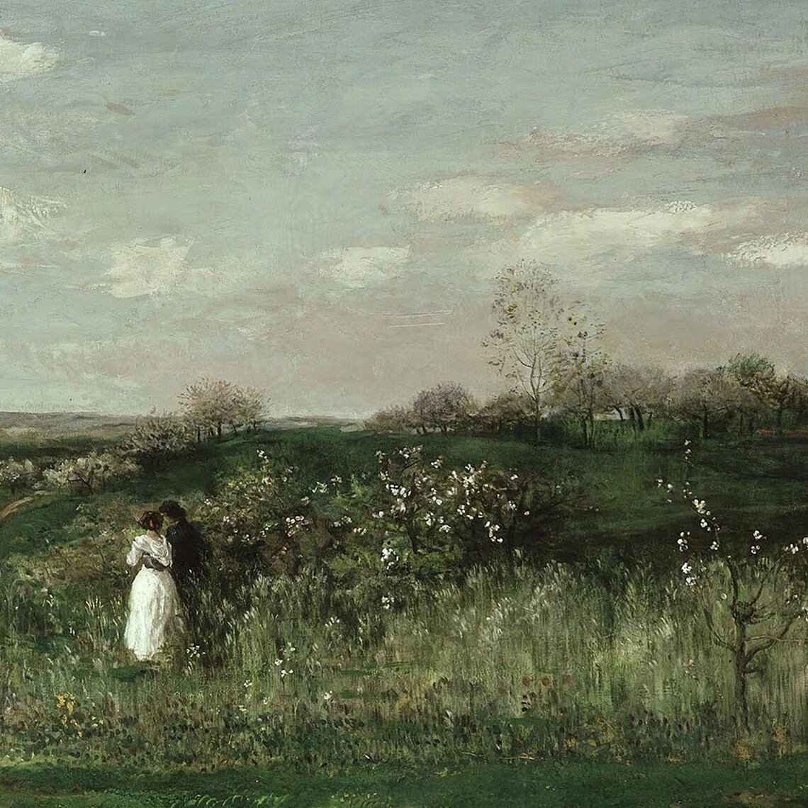 Couple Embracing Blossoming Orchard Vintage Landscape Painting Poster - Image 2