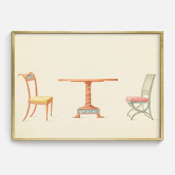 Vintage Interior Drawing Art Antique Table And Chair Design Sketch