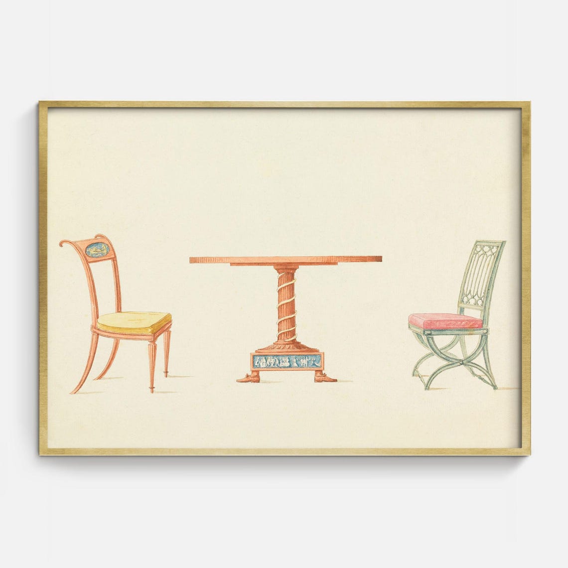 Vintage Interior Drawing Art Antique Table And Chair Design Sketch