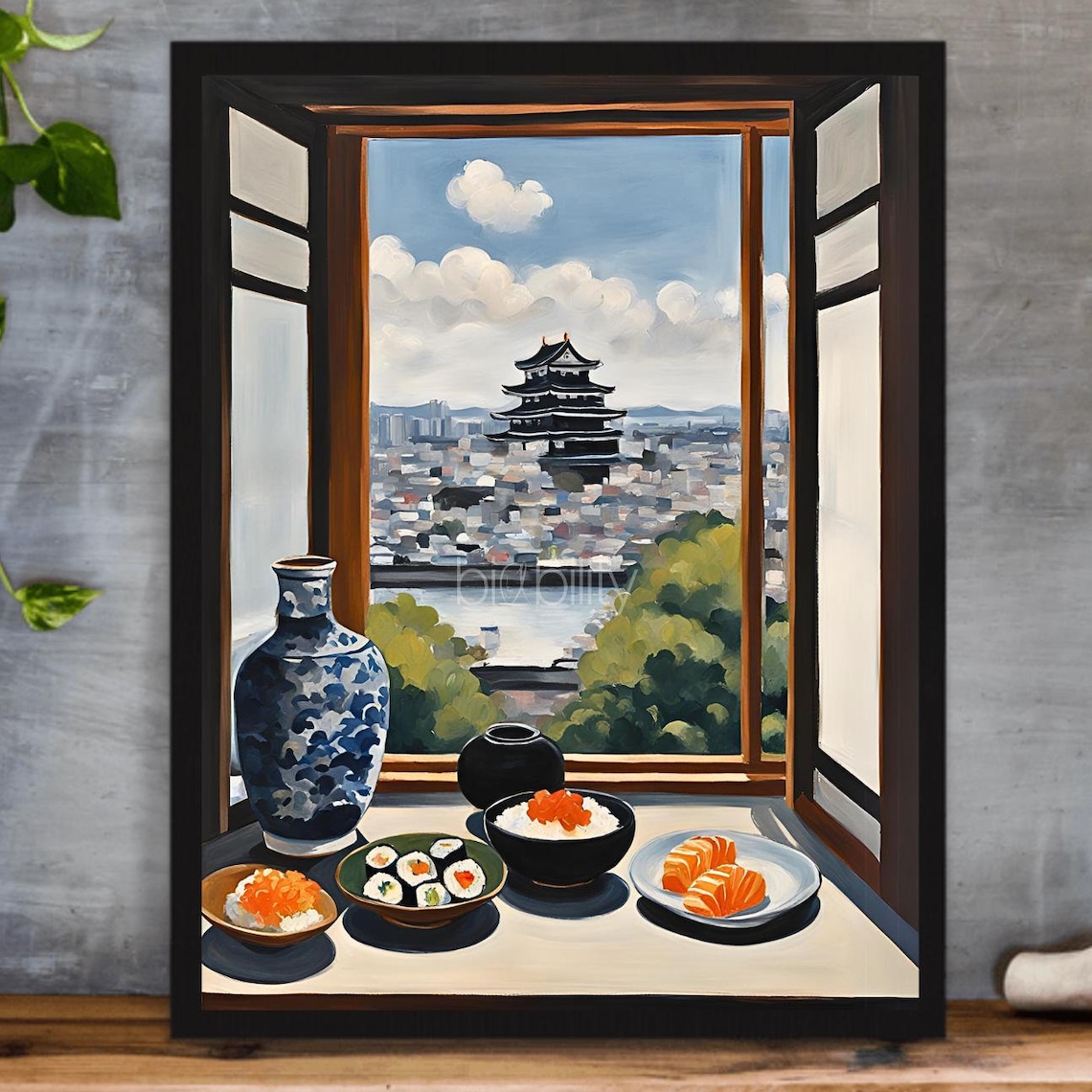 Osaka Castle Cityscape Sushi Onigiri Window Painting Japan Poster