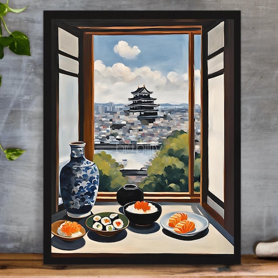 Osaka Castle Cityscape Sushi Onigiri Window Painting Japan Poster