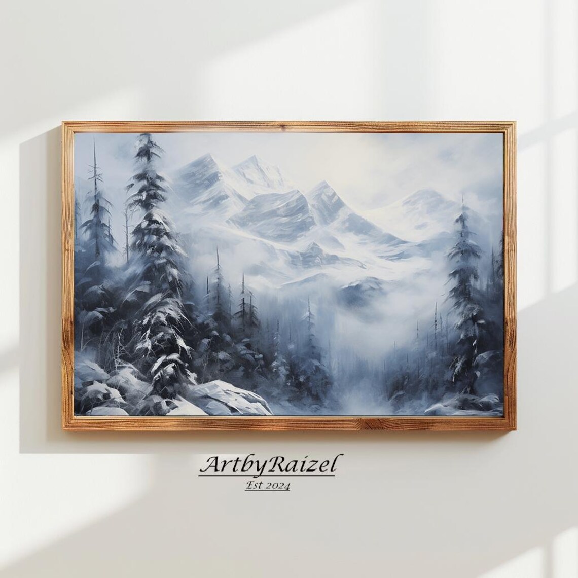Snowy Mountain Peaks Frosted Pines Winter Valley Painting Poster
