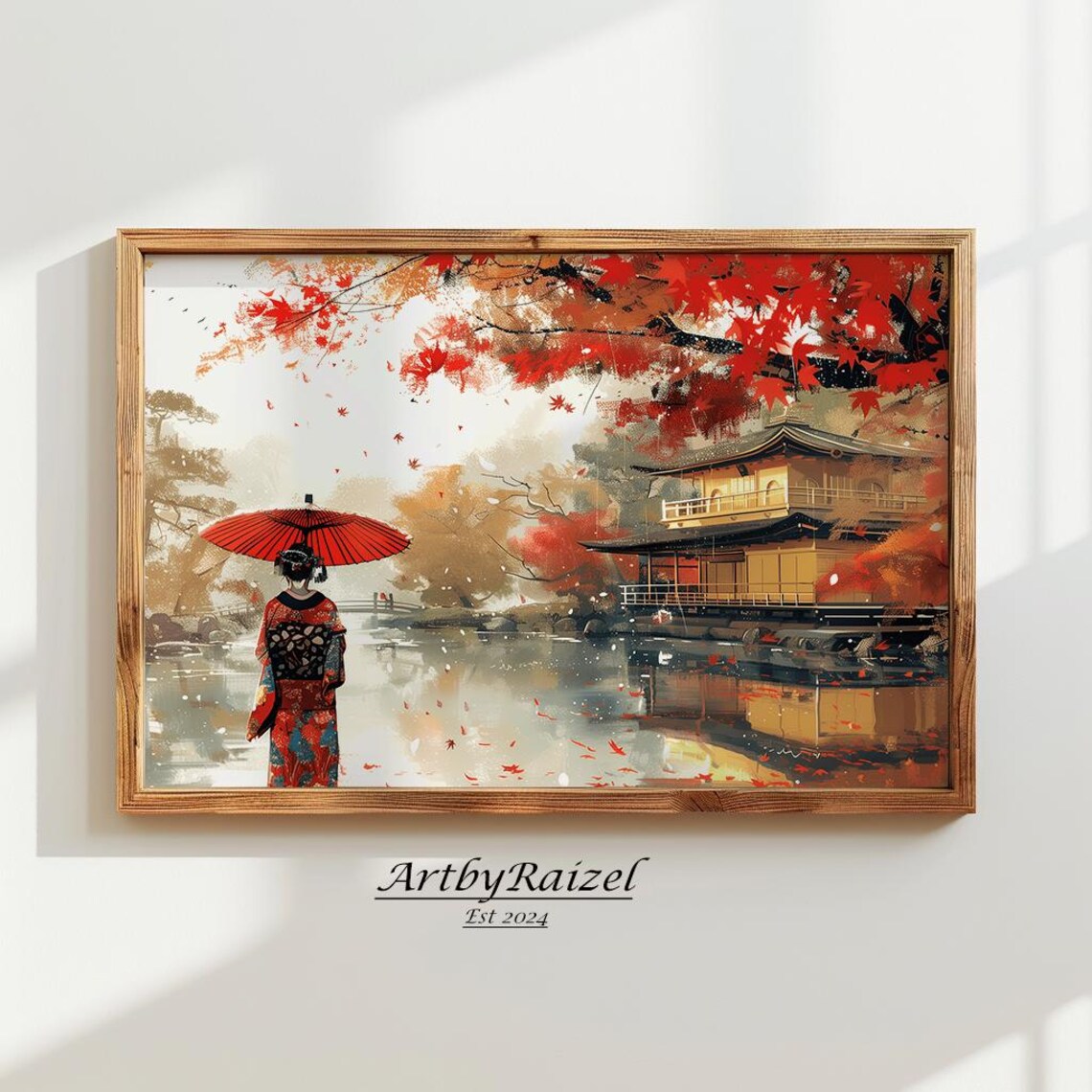 Geisha Red Parasol Golden Pavilion Autumn Kyoto Painting Poster