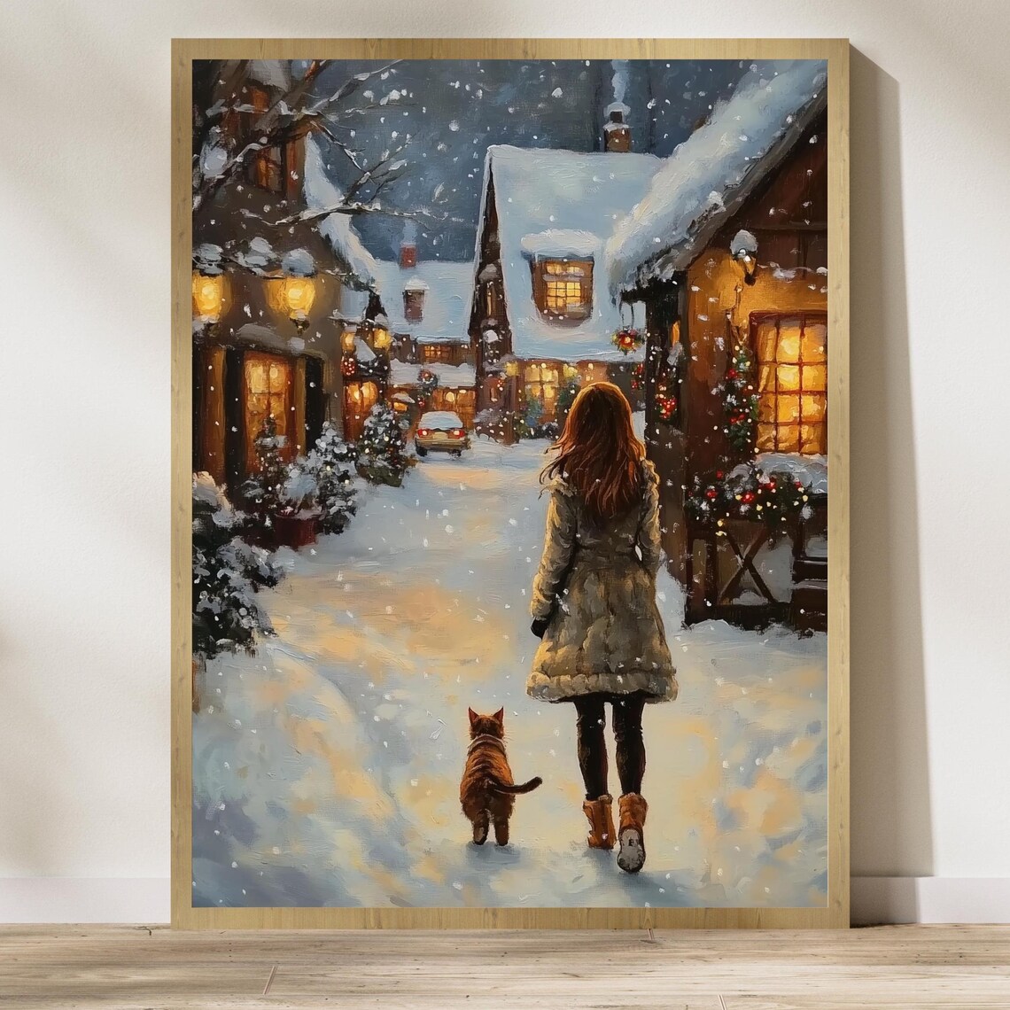 Woman And Cat Strolling Through A Snowy Christmas Village Poster