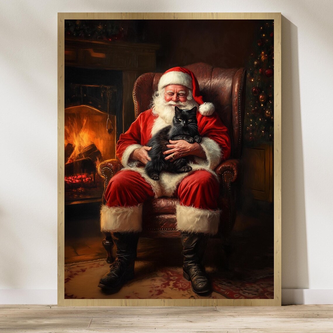 Santa Claus With Black Cat Cozy Christmas Art Print