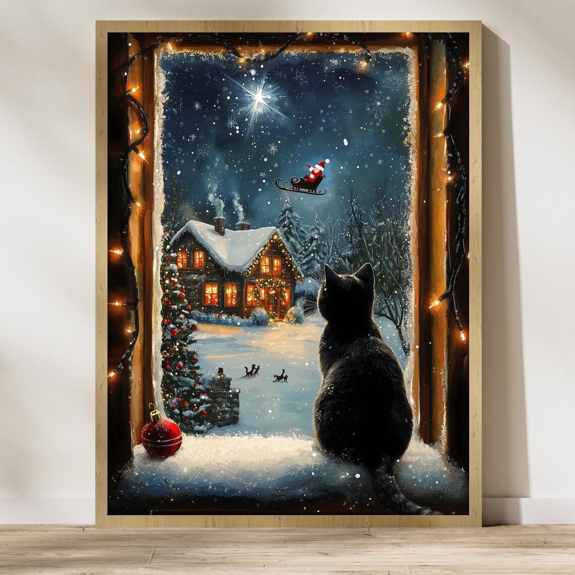 Black Cat Watching Santa Fly Over A Snowy Village At Night Poster