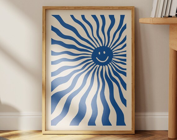 Retro Smiley Face Poster 70s Sunshine Art Print Kids Room Nursery Decor Blue And Beige Home Positive