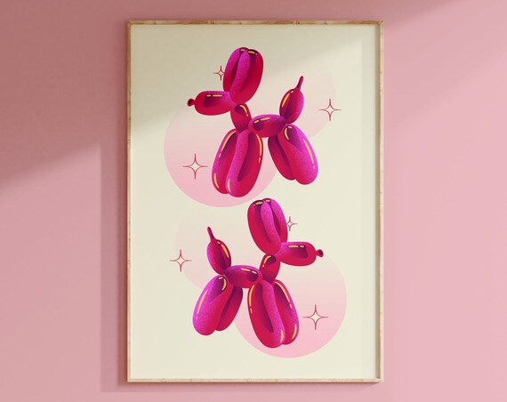 3d Style Balloon Dog Print Funny Cute Dog Lover Gift Hot Pink Print Preppy Pink Wallpaper Funky Dorm Decor Girly Wall Art