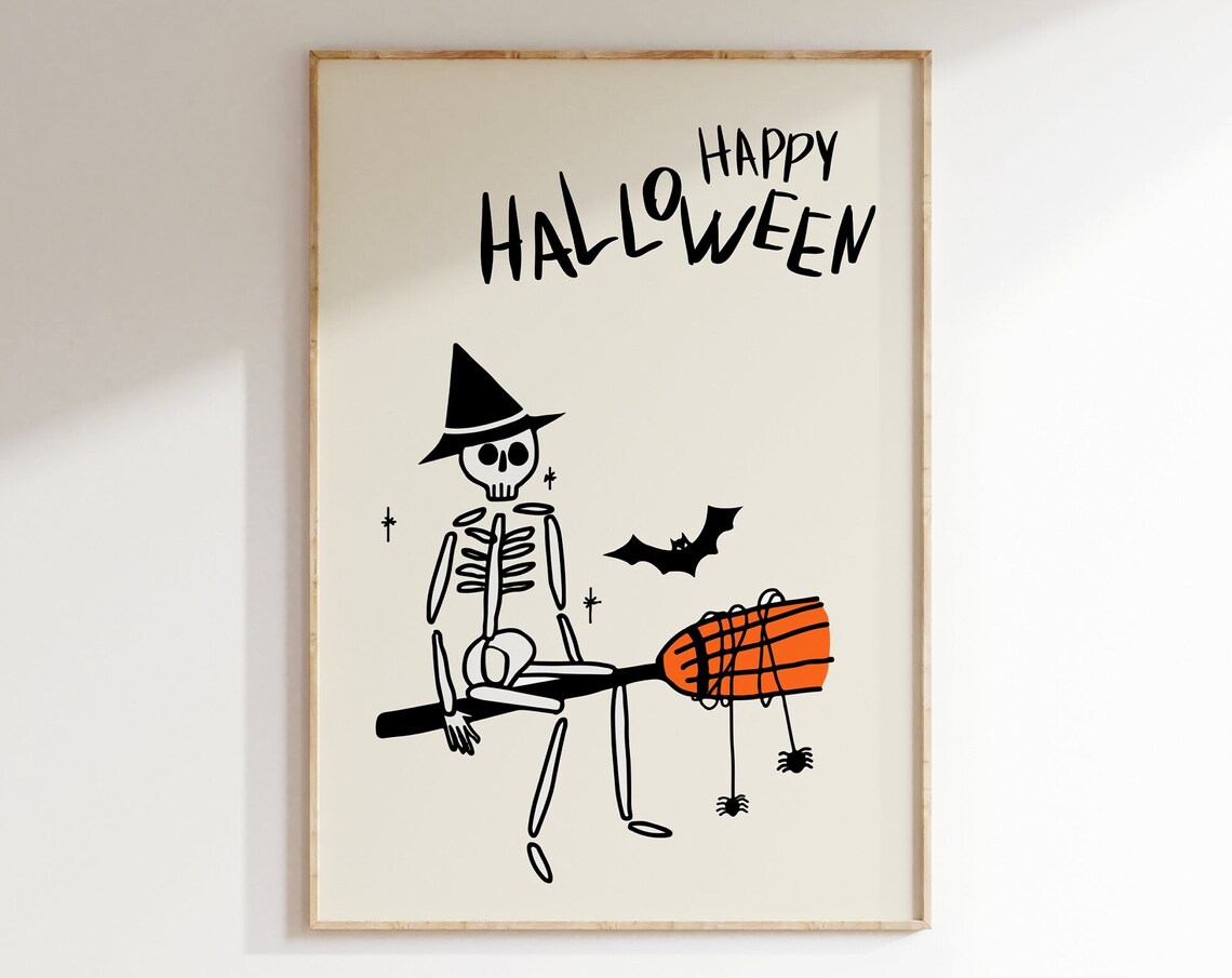 Happy Halloween Skeleton Witch Broom Cute Retro Spooky Art Poster