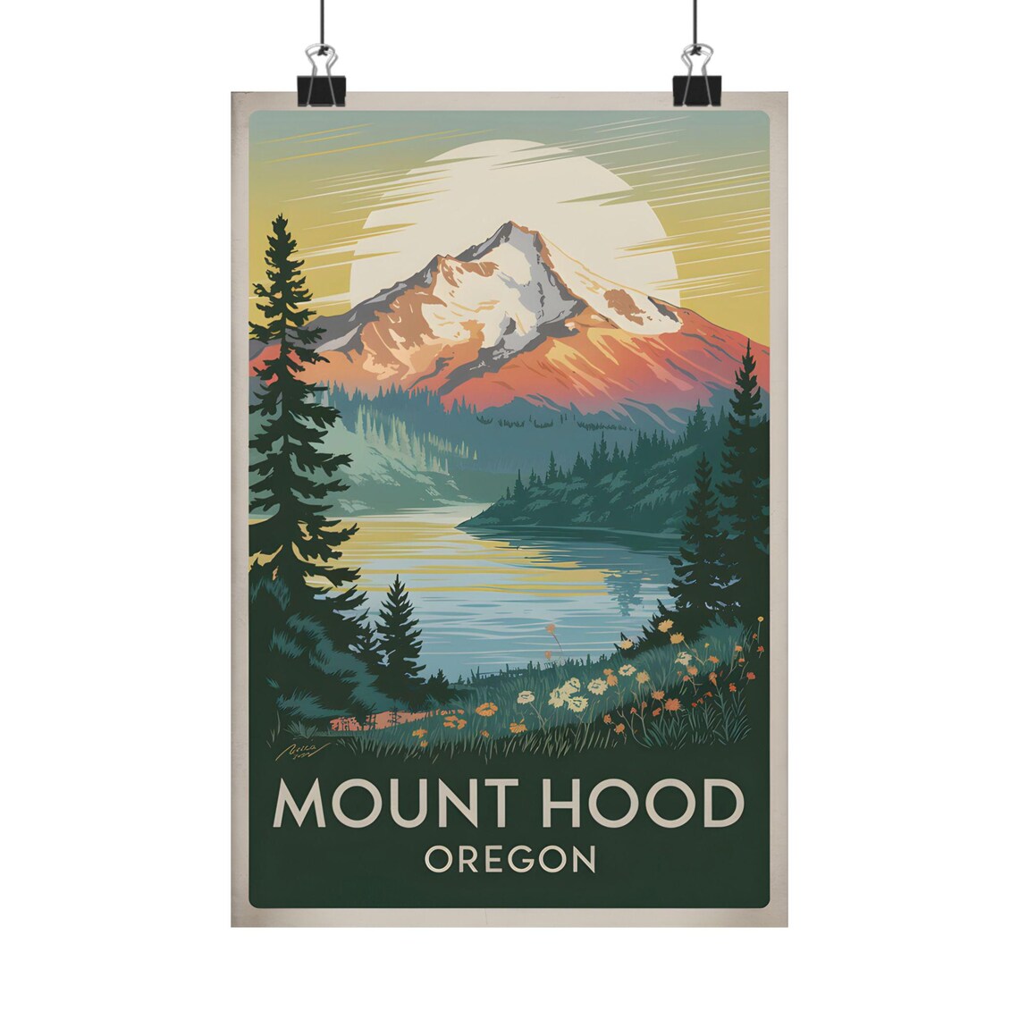 Mount Hood Oregon Vintage Mountain Lake Pines Wildflower Travel Poster