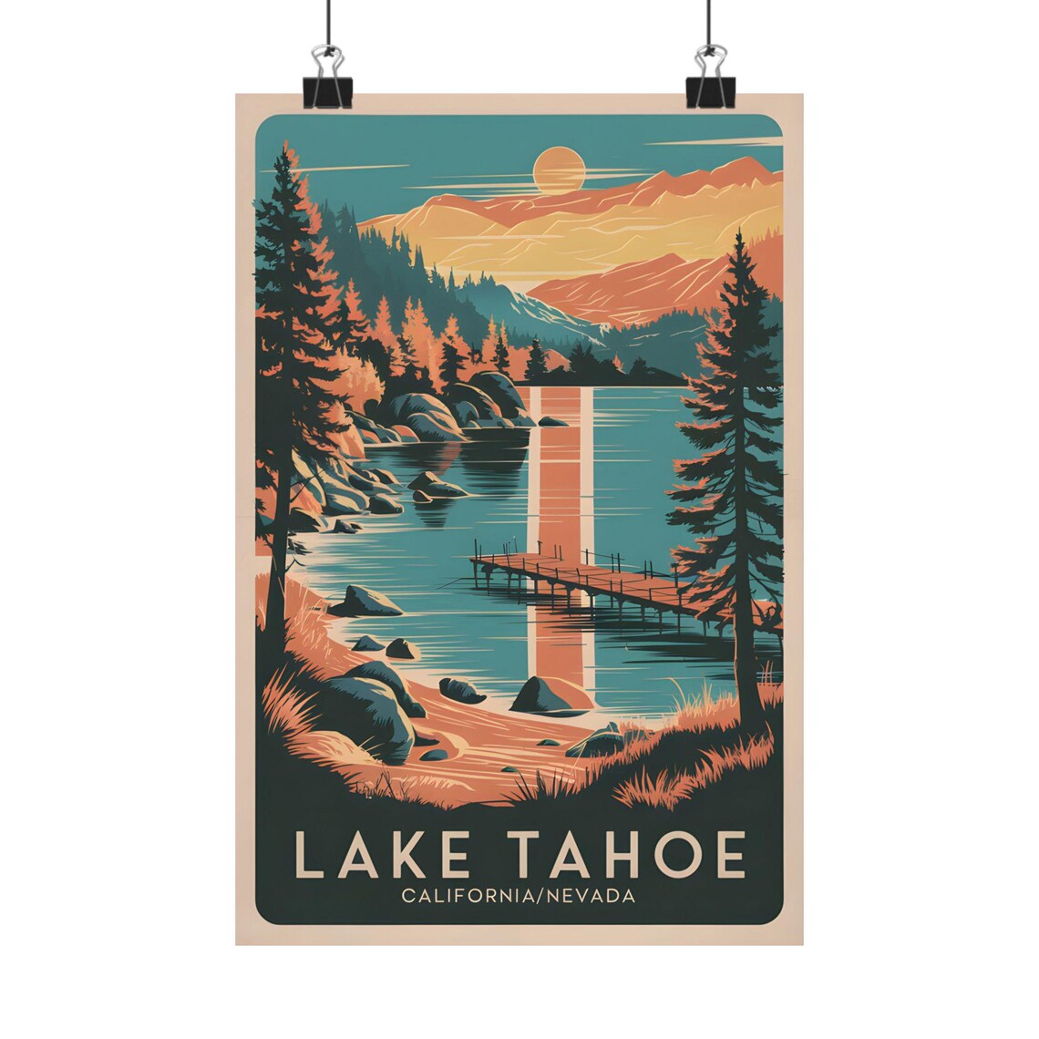 Lake Tahoe California Nevada Sunset Lake Pier Pines Vintage Poster