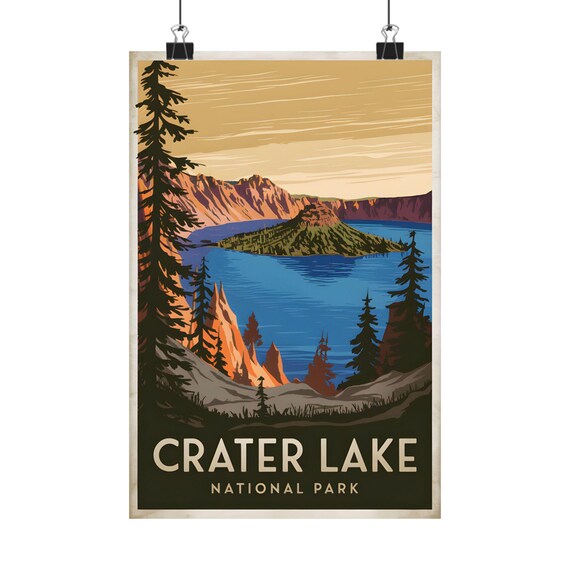Crater Lake National Park Wizard Island Pine Vintage Travel Poster