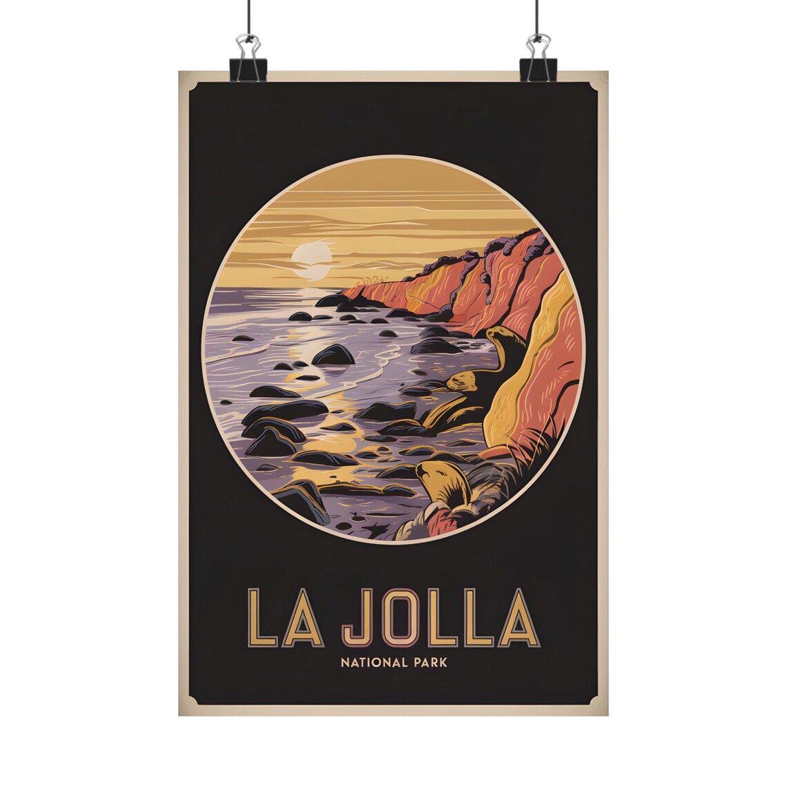 La Jolla National Park Sunset Cliffs Circle Black Vintage Travel Poster