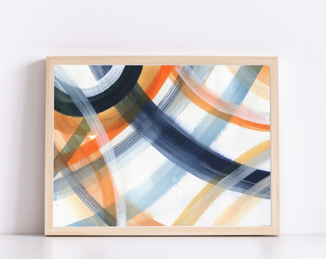 Navy And Orange Abstract Curved Brushstroke Lines Modern Art Print