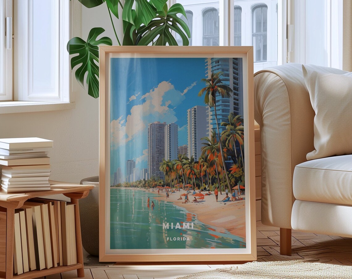 Miami Florida Bright Palm Tree Beach Skyline Sunset Travel Poster - Image 2