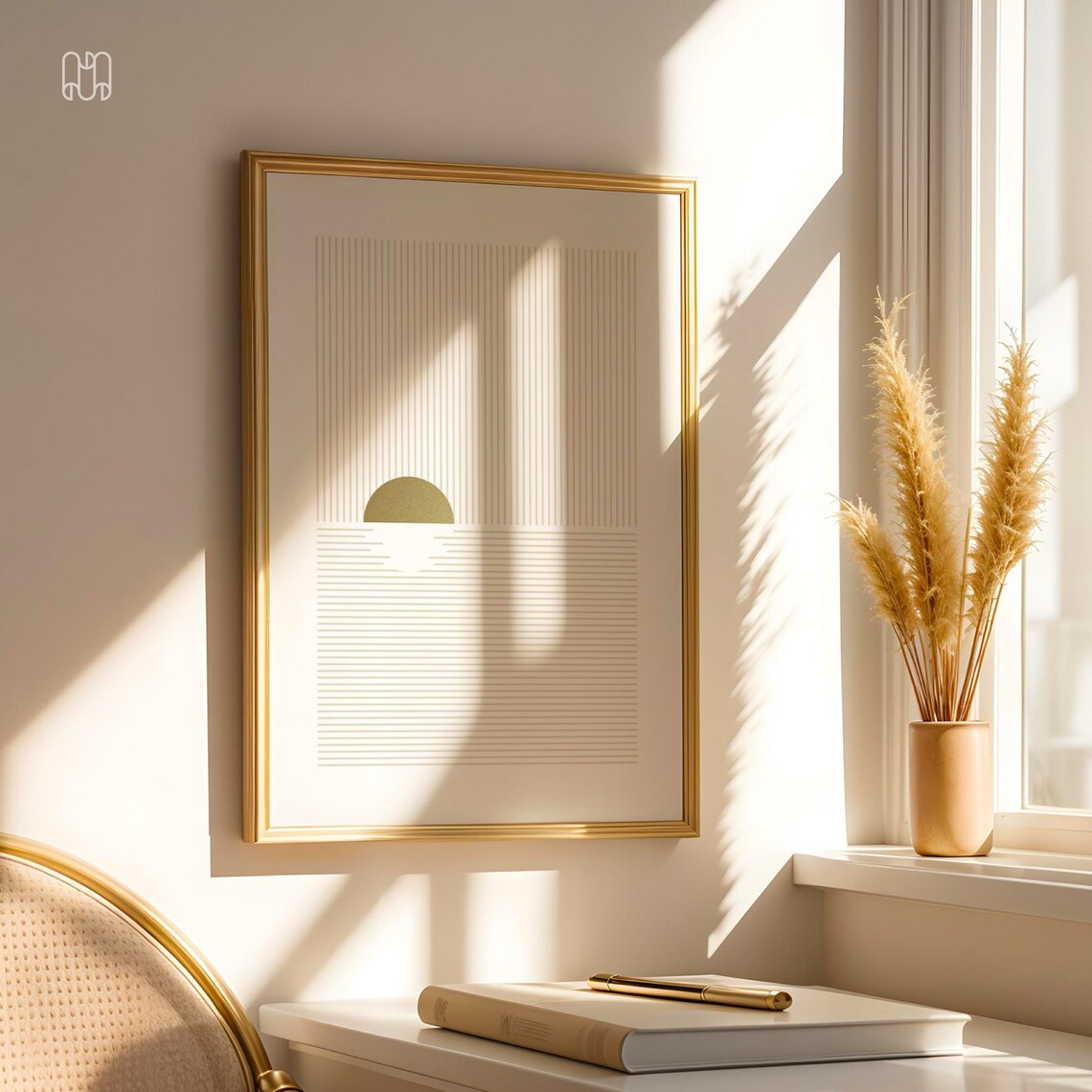 Golden Sun Minimalist Line Art, Modern Decor