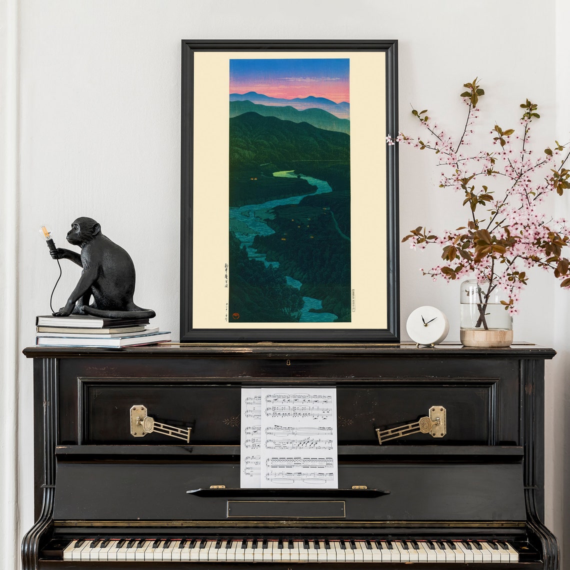 Japanese Mountain River Dusk Woodblock Style Narrow Art Poster - Image 2
