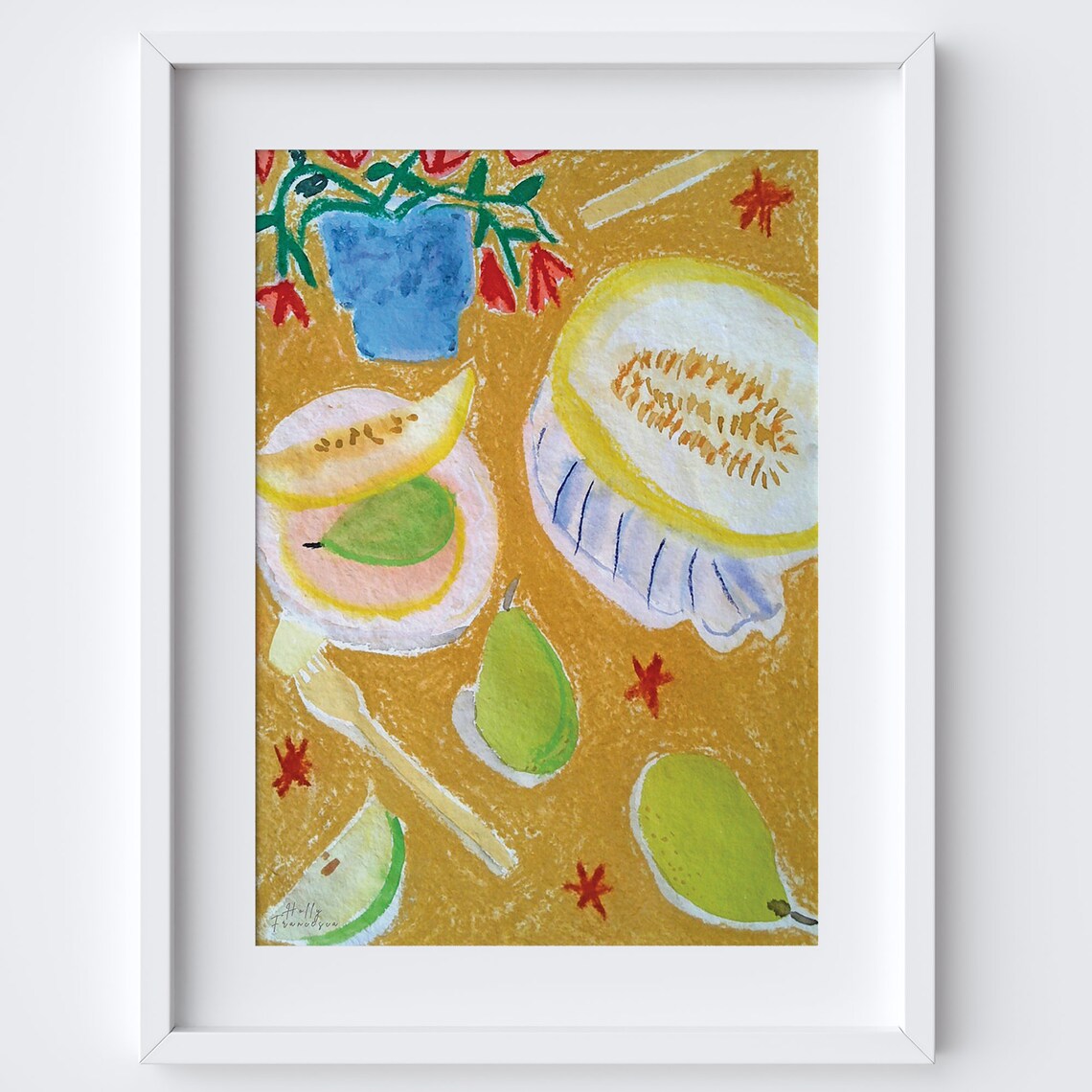 Melon Dining Table Watercolor Art Print, Kitchen Fruit