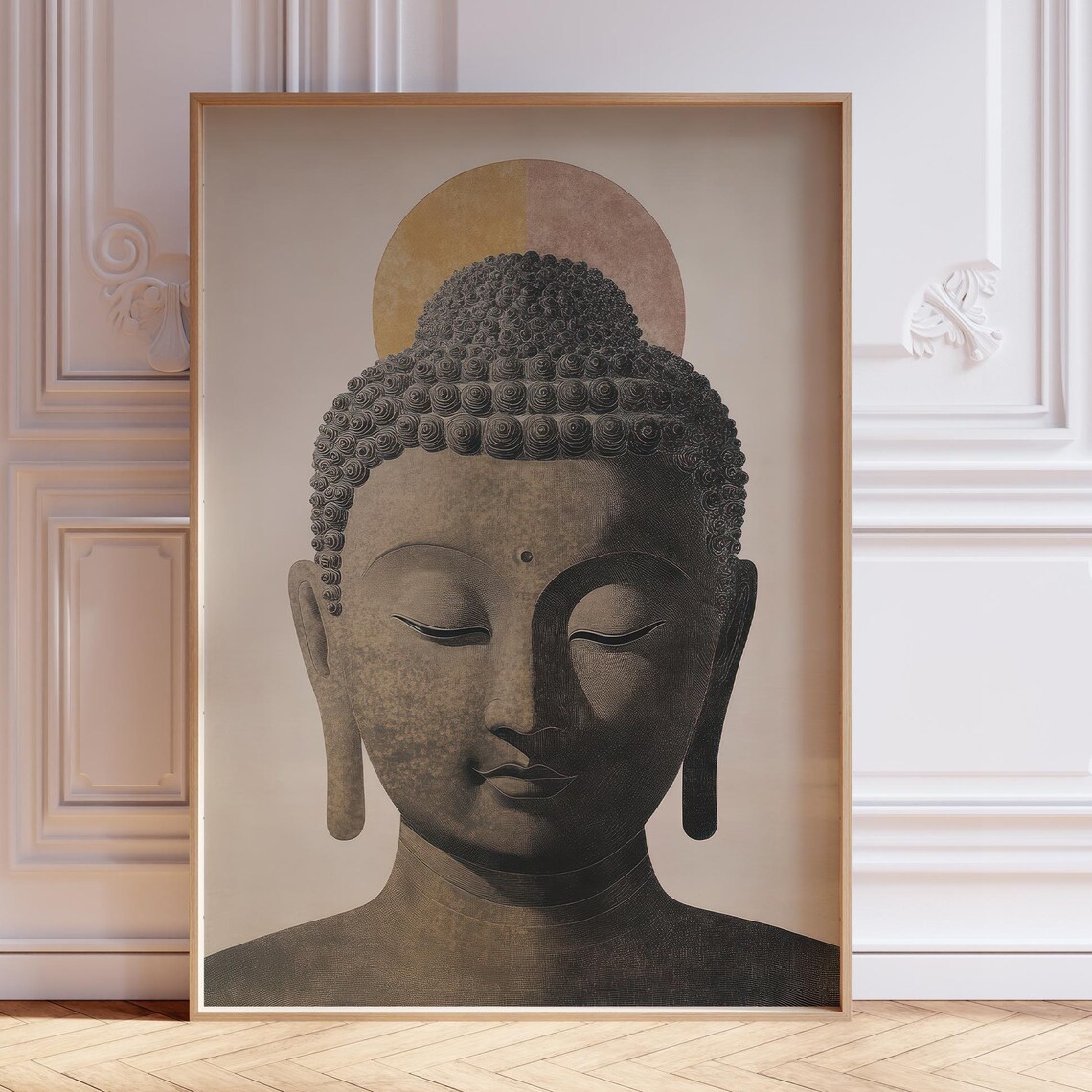 Serene Buddha Head with Golden Halo Greige Meditation Art Poster