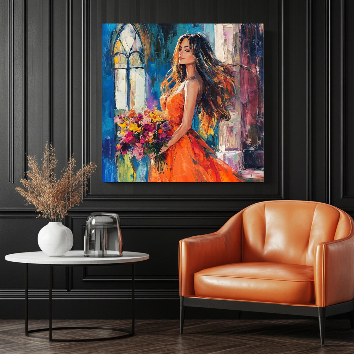 Woman In Orange Dress, Floral Bouquet Portrait Print - Image 3