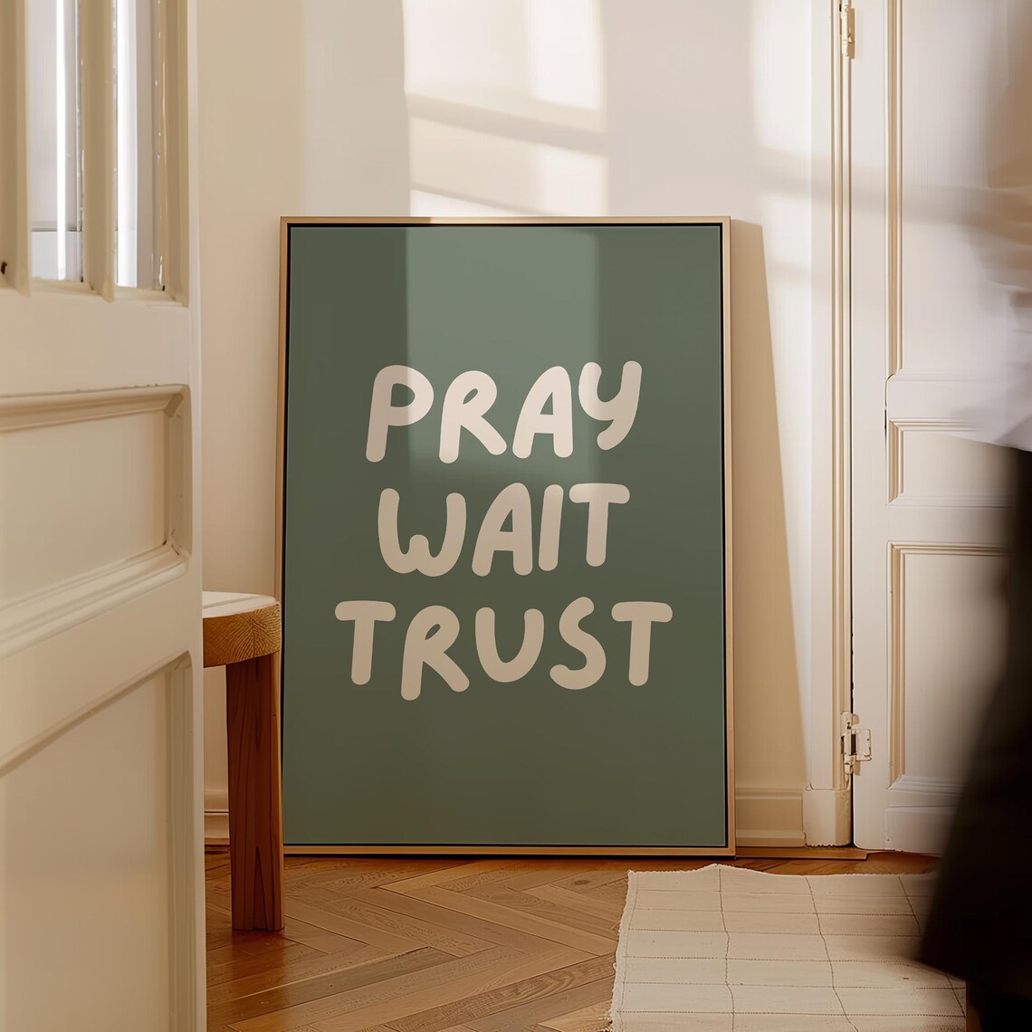 Pray Wait Trust Sage Green Retro Lettering Christian Faith Quote Poster - Image 2