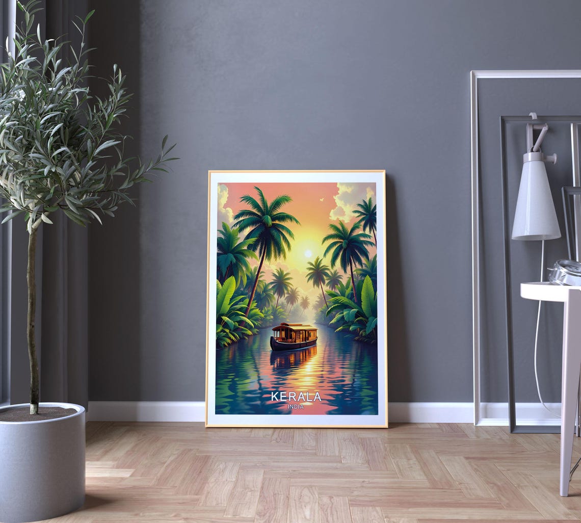Kerala India Travel Poster Backwaters Palm Trees And Tropical Landscape Wall Art - Image 5