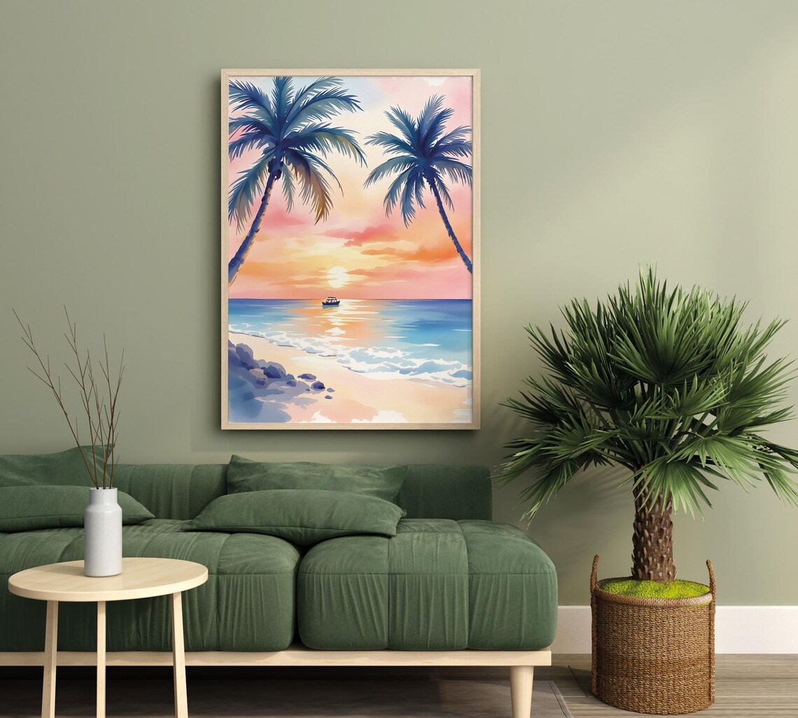 Tropical Sunset Palm Trees, Serene Beach Art Print - Image 4