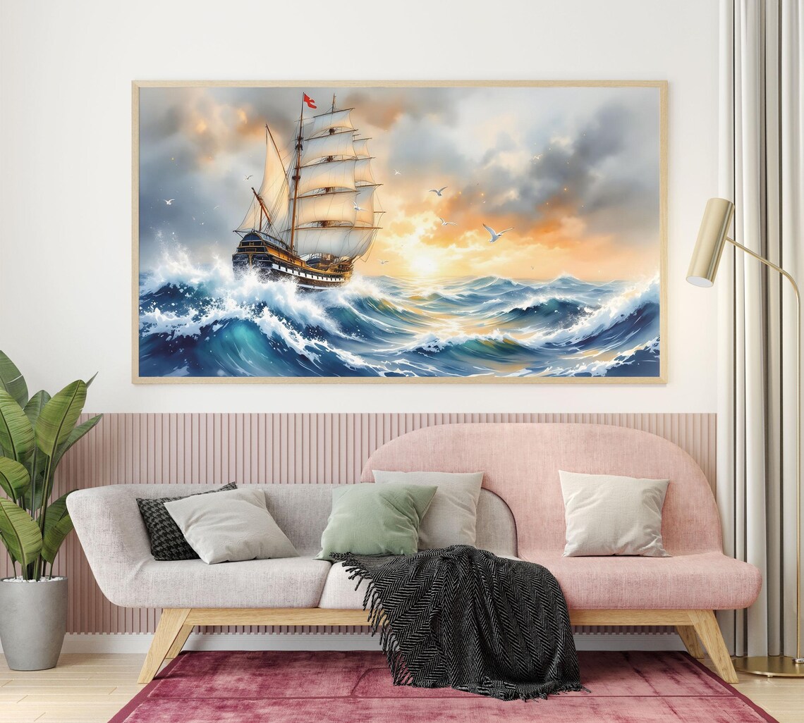 Tall Ship Stormy Sunset Ocean Waves Sailing Vessel Wall Art Print - Image 2