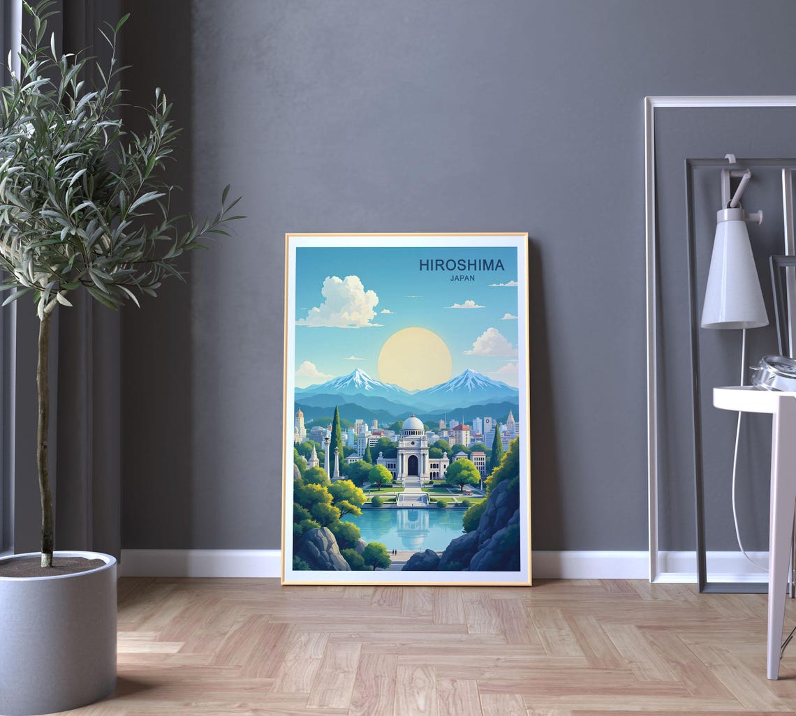 Hiroshima Japan Retro Cityscape River Reflection Golden Sun Poster - Image 5